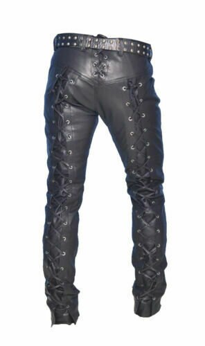 Men's Real Leather Pant, Genuine Cow Leather Biker Front & Back Laces ...