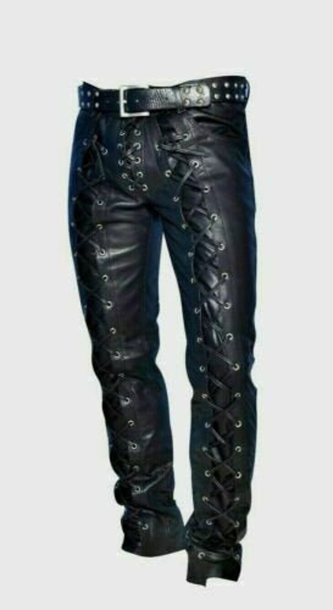 Men's Real Leather Pant, Genuine Cow Leather Biker Front & Back Laces ...