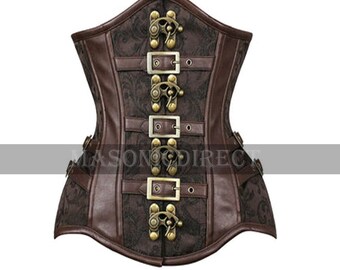 Top drawer premium brown brocade steampunk under bust corset waist belted lace corset