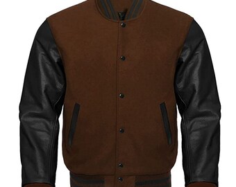 Letterman Baseball School College Bomber Varsity Jacket Brown Wool & Real Black Cowhide Leather Sleeves