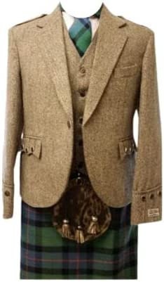 Scottish Mens Khaki Argyle Argyll Kilt Jacket Vest 100 tweed