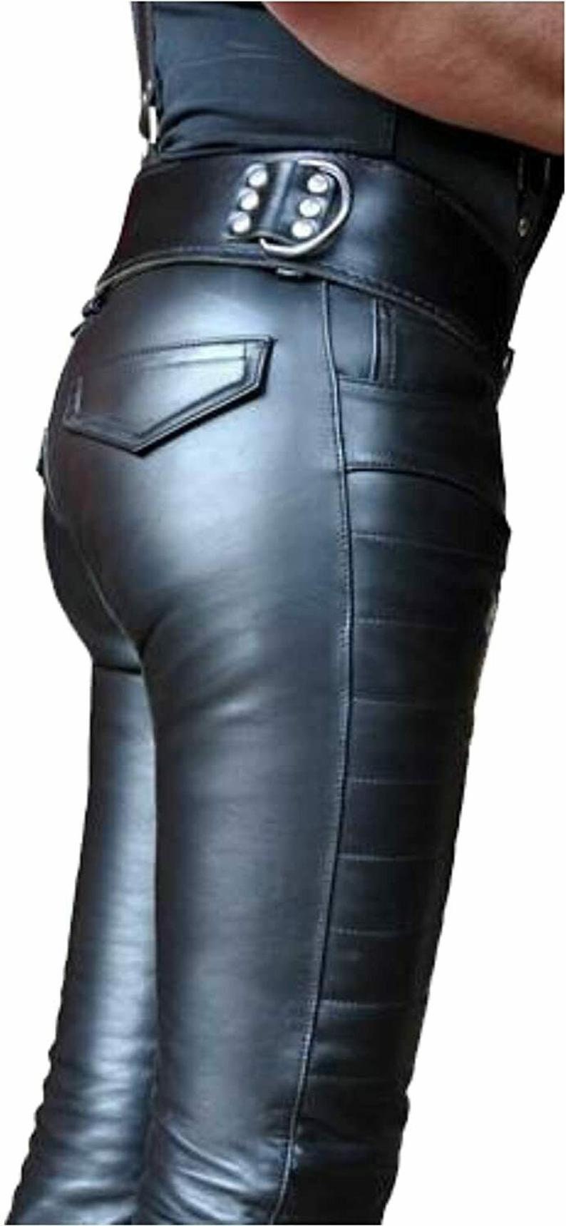 Men's Real High Quality Black Cowhide Leather Slim Fit Pants Luxury ...