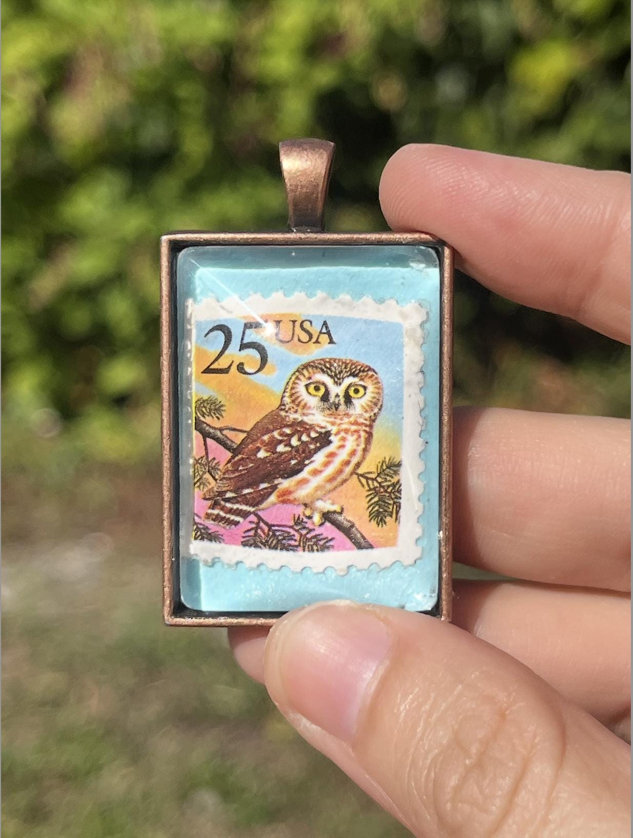 Little Owl Vintage Postage Stamp Pendant