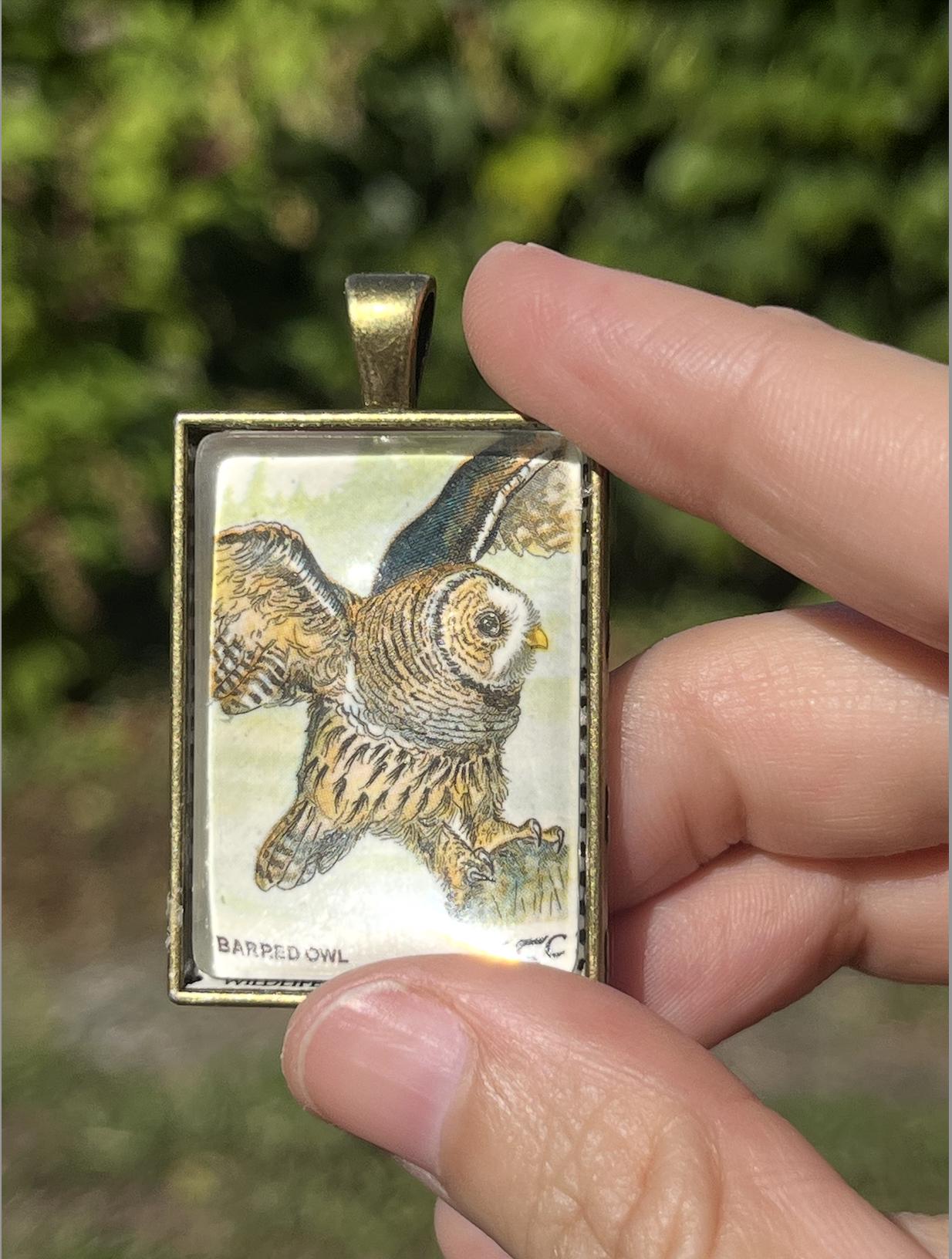 Barred Owl Vintage Postage Stamp Pendant