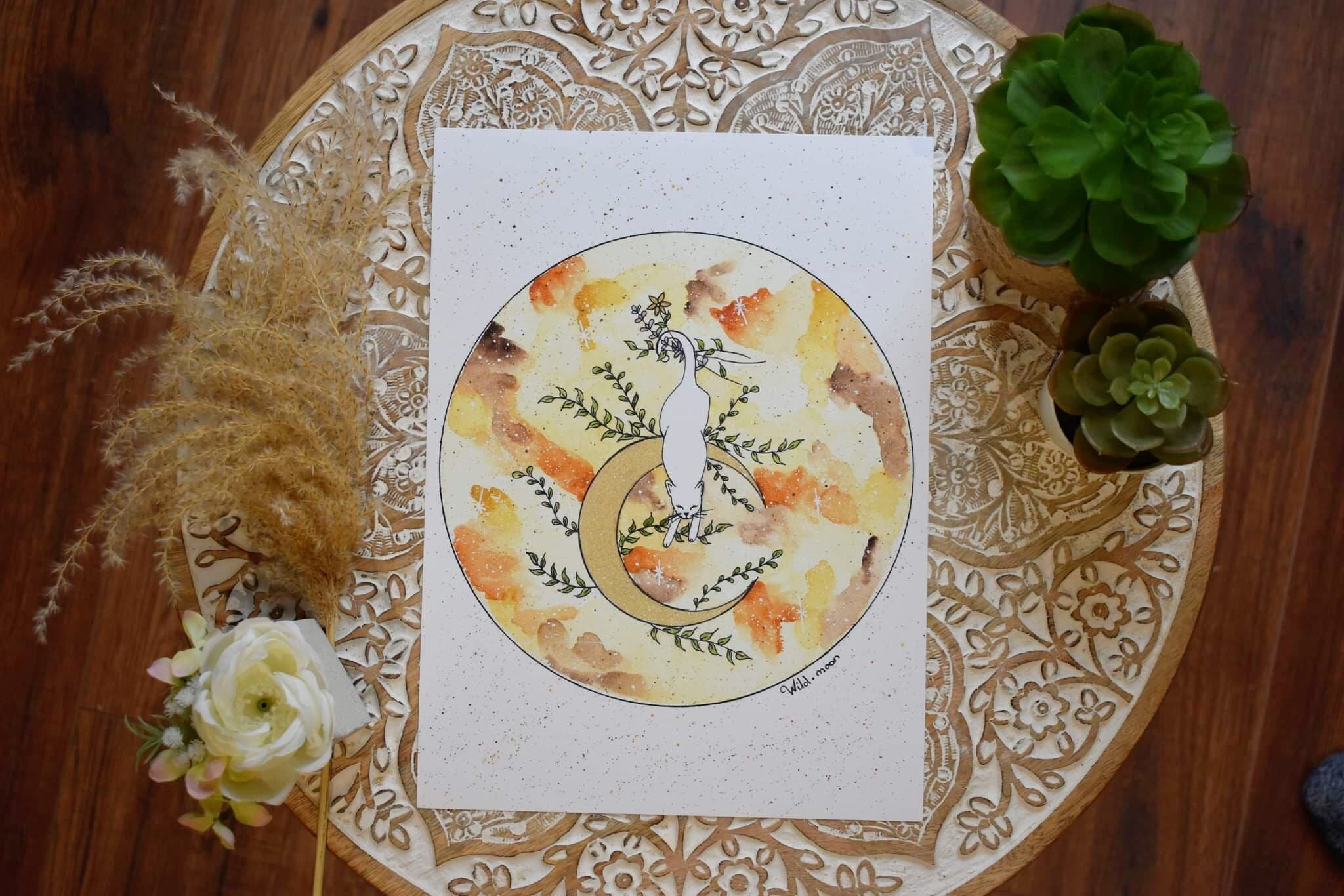 Affiche Illustration Moon Cat Aquarelle