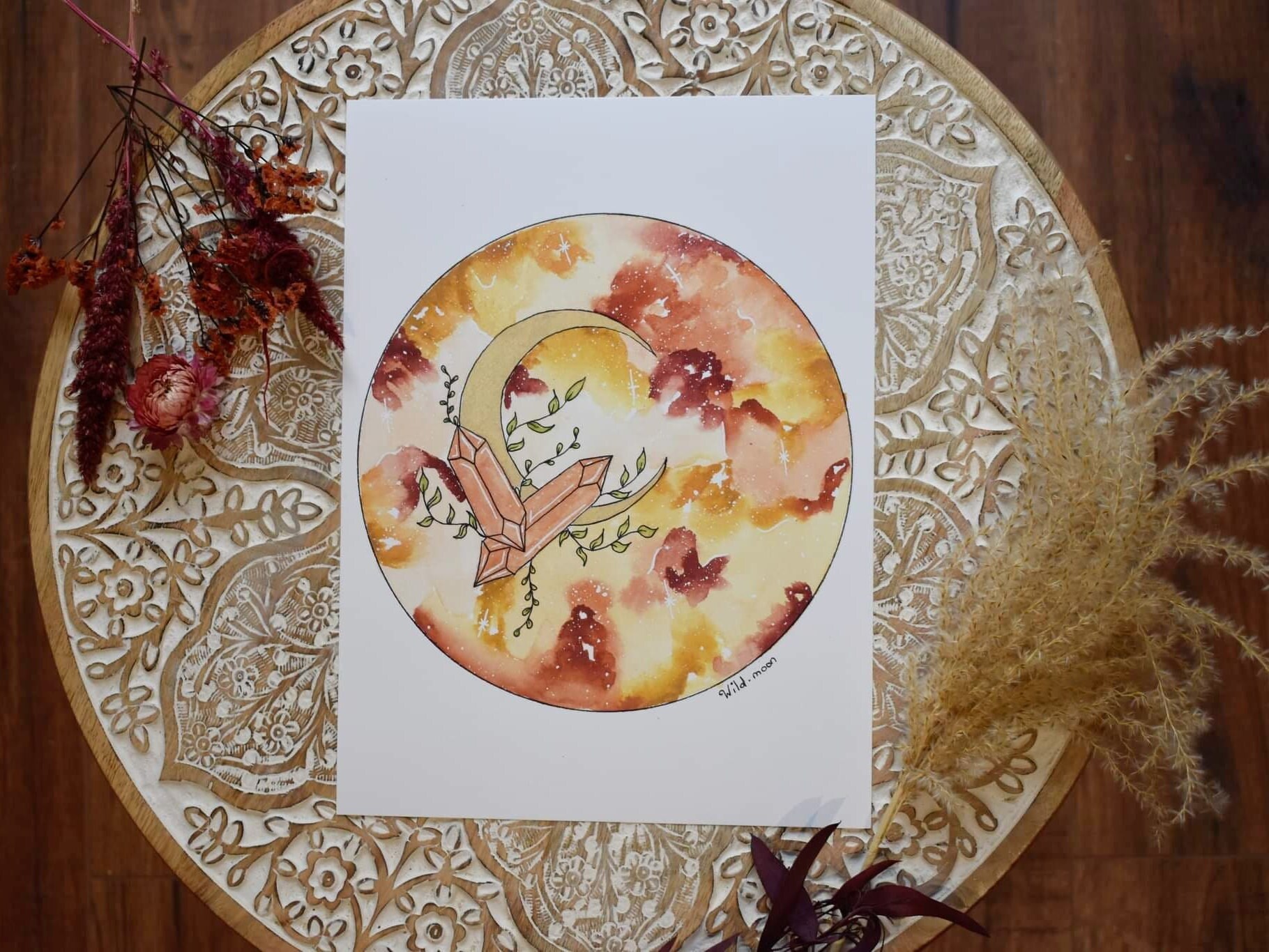 Affiche Illustration Lune et Pierre Fine Aquarelle