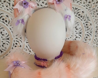 PET PLAY SET  kitten ears collar and tail. Cosplay costume pink purple cat ears