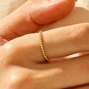 14k Solid Gold Stacking Ring for Women Dainty Beaded Ring Minimalist Gold Stackable Ring Thin 1mm Band Ring Jewelry Gift for Her