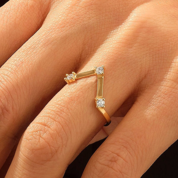 14k Solid Gold V Ring, Unique Deep Chevron Ring Enhancer, Minimalist Wishbone Rings for Women, Curved Wedding Ring, Dainty Contour Ring