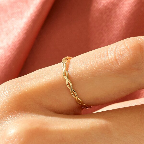 Must-Have Twisted Stapelbarer Echtgoldring, 14k Solid Gold geflochtener Ehering für Frauen, Perfekt für minimalistische Schmuckliebhaber