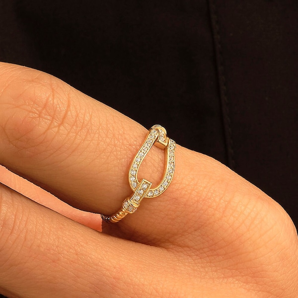 14k Einzigartige Gürtelschnalle Ring, Massivgold Pave Cz Statement Ringe für Frauen, Hufeisen Twisted Band Vintage Ring, handgemachte Schmuck Geschenke