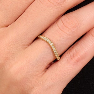 14k Curved Wedding Band, Solid Gold Dainty Contour Rings Women, Minimalist Half Eternity Stacking Ring,Thin Cz Diamond Nesting Ring Enhancer