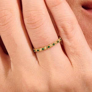 Solid Gold Emerald Seashell Band Ring, 14k Gold Stacking Ring Women, Thin Emerald Wedding Ring, Delicate 14 Karat Gold Stackable Rings image 4