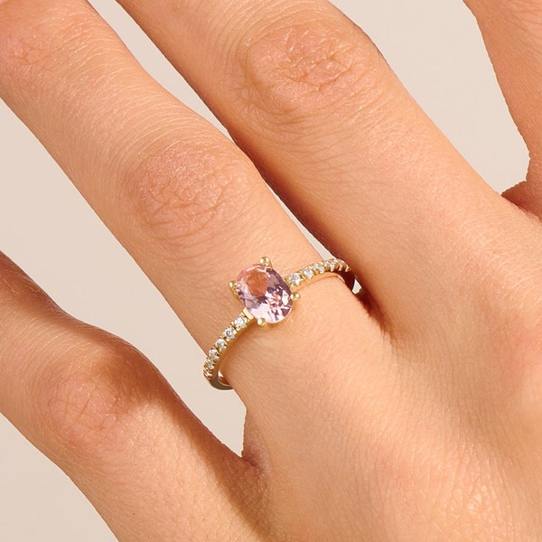 Anillo de solitario de morganita ovalada de 14k, anillo de compromiso de piedra preciosa rosa de oro macizo, anillo de aniversario con acento de piedra de nacimiento de junio para mujeres, anillo de color melocotón