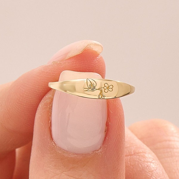 14k Gold Personalized Birth Flower Ring, Solid Gold Custom Pinky Ring, Dainty Engraved Ring, Minimalist Floral Signet Ring, Handmade Gifts