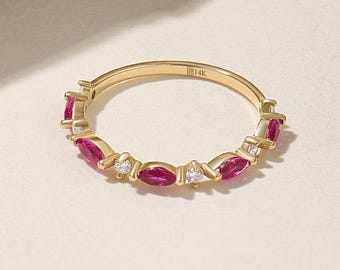 14k Solid Gold Ruby Ring, Dainty Stacking Ring, Marquise Ruby Band, Unique Stackable Ring, Half Eternity Ring, Gift for Women