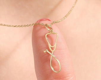 14k Solid Gold Stethoscope Necklace, Medical Graduation Gift, Doctor Nurse Pendant, Registered Nurse Jewelry, Medical School Grad Gift