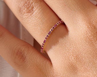 14K Solid Gold Ruby Ring, Baguette & Round Stacking Band, Minimalist July Birthstone Jewelry, Gift for Her