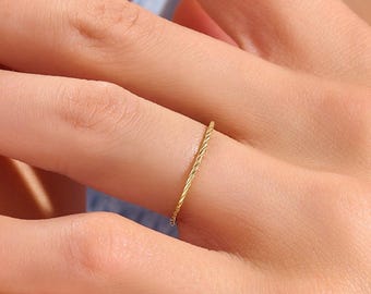 Twisted Rope Ring 1mm Thin Gold Band, Minimalist Stacking Ring 14K Solid Gold, Dainty Braided Jewelry