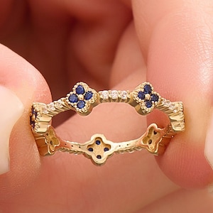 Solid Gold Tiny Sapphire Ring, 14k Blue Flower Wedding Ring, Pave Eternity Stackable Ring, Small Cross Stack  Ring, Minimalist Sapphire Ring