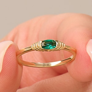 14k Solid Gold Emerald Ring – Women’s Green Emerald Pinky Ring, Tiny Minimalist Stacking Band, Dainty Statement Jewelry Gift