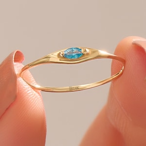 14k Solid Gold Marquise Sapphire Ring for Women, Dainty Stackable Blue Gemstone Band, September Birthstone Jewelry Gift for Mom or Her Gift