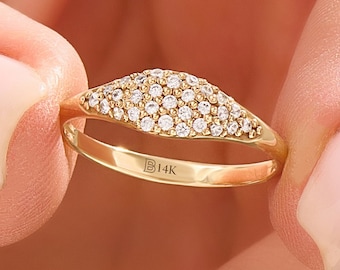 14k Gold Pinky Ring Women Solid Gold Pave Signet Ring Dainty Diamond Pointer Finger Ring Slim Dome Ring Jewelry Gift for Her Birthday Gift