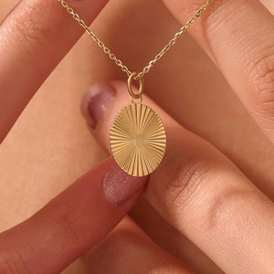 14k Gold Sun Pendant, Solid Gold Celestial Necklace for Women, Delicate Sunburst Pendant, Oval Shape Sunbeam Necklace, Ideal Birthday Gifts