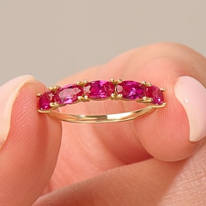 14k Ruby Ring, Solid Gold Ruby Wedding Band for Women, Minimalist Gemstone Ring, Half Eternity July Birthstone Ring, 5 Stone Stacking Band