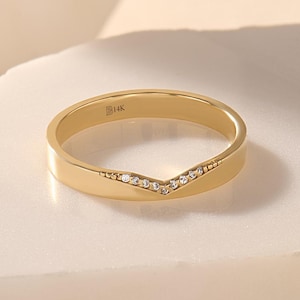 14k Solid Gold Curved Wedding Band – Pave Diamond Nesting Ring for Women, Stackable Engagement Ring Enhancer, Elegant Gold Gift