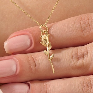 10k Solid Gold Rose Flower Pendant Necklace, Dainty Floral Charm