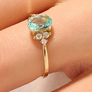 14K Solid Gold Mint Blue Tourmaline Ring, Oval Gemstone Engagement Ring, Dainty Solitaire Gold Ring, Handmade Gift for Her
