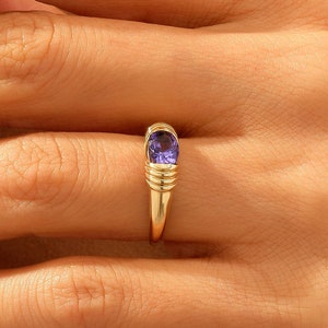 14k Gold Tanzanite Ring Solid Gold Purple Stone Ring Oval East West Statement Ring Chunky High Dome Rings for Women Bubble Gemstone Ring image 1