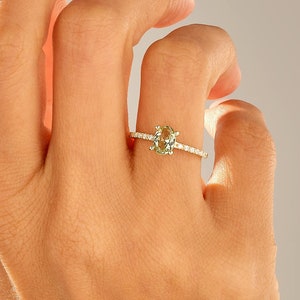 14K Solid Gold Green Sapphire Ring – Oval Solitaire Engagement Ring for Women, Light Green Gemstone Ring, Dainty Gold Fine Jewelry Gift