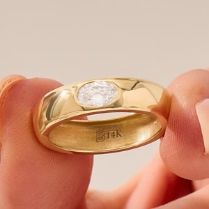 14k Solid Gold Bezel Engagement Ring • Oval Diamond Gypsy-Set Solitaire • Thick Gold Band • Wide Ring for Her • Anniversary Gift Jewelry