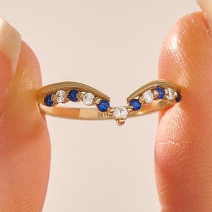 Solid Gold Sapphire Chevron Ring, 14k Gold Curved Wedding Band for Women, Minimalist V Shaped Ring, Blue Stone Ring Enhancer for Pear Rings