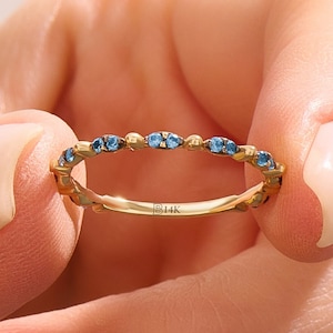 14k Gold Novella Ring, Solid Gold Blue Topaz Ring, Womens Sapphire Stacking Ring, Minimalist Sapphire Half Eternity Ring, Handmade Gifts