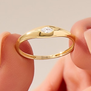 10K Marquise Signet Ring for Women, Solid Gold Bezel Set Diamond CZ Tiny Dome Ring, Minimalist East-West Pinky Ring, Dainty Gift Jewelry