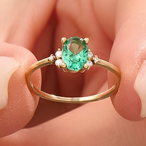 14k Solid Gold Emerald Engagement Ring for Women Green Emerald Ring Lab Grown Solitaire Ring Oval May Birthstone Ring Dainty Gift for Her