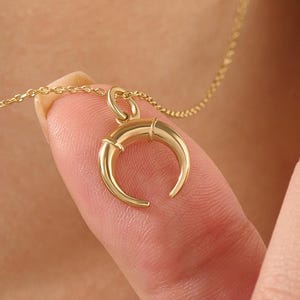 14k Solid Gold Horn Pendant Necklace, Dainty Upside Down Crescent Moon Charm for Women, Tiny Everyday Jewelry, Minimalist Layering Gift