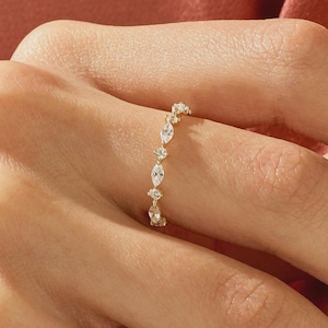 14k Solid Gold Marquise Band Ring, Unique Marquise Ring, Half Eternity Marquise Wedding Band, Vintage Wedding Band Stacking Ring,Bridal Gift