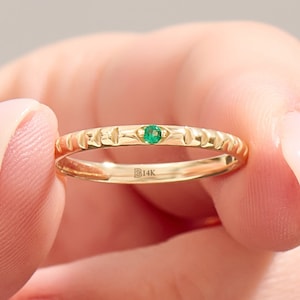 14k Solid Gold Emerald Wedding Ring, Dainty Stacking Band, May Birthstone Jewelry Gift