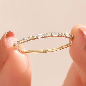 14k Solid Gold Minimal Baguette Wedding Ring – Ultra Thin Half Eternity Band with Simulated Diamond, Dainty Stacking Ring, Gold Gift for Her