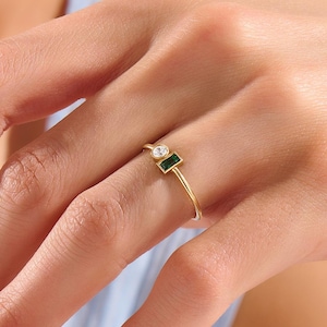 14k Solid Gold Toi et Moi Ring for Women, Emerald and Diamond You and Me Ring, Two Stone Birthstone Ring, Personalized Gift for Her Jewelry