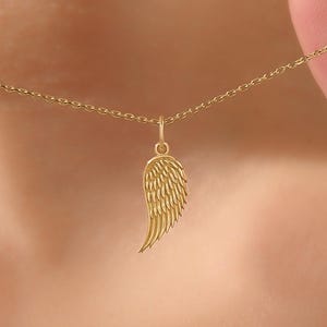 14k Solid Gold Angel Wing Pendant Necklace – Dainty Feather Charm for Women, Everyday Wear, Handmade Protection Jewelry Gift