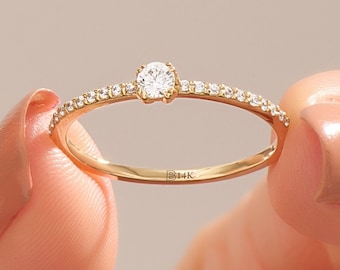 Solid Gold Minimalist Promise Ring, 14k Gold Wedding Engagement Ring for Women, Half Eternity Simple Solitaire Ring, Dainty Diamond Cz Ring