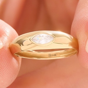 Bezel Dome Ring, 14k Solid Gold Chunky Statement Ring, East West Bubble Ring, Bold Pinky Ring,  Diamond Cz Marquise Ring, Thick Bubble Ring