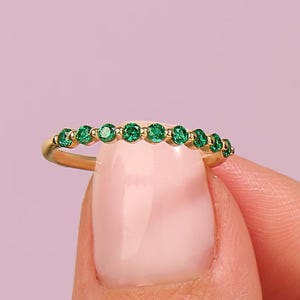 14k Gold Emerald Stacking Ring, Solid Gold Green Wedding Ring for Women, Minimalist Half Eternity Ring, Layering Ring, Thin Stackable Bands