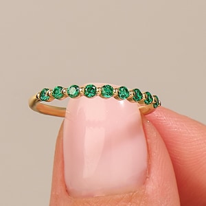 14k Solid Gold Dainty Emerald Ring, Half Eternity Stackable Band for Women, Minimalist Green Gem Ring, 18k Option, Gift Jewelry for Her