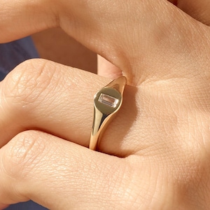 Solid Gold Baguette Signet Ring 14k Pinky Ring for Women with Tiny Diamond Dome Bezel Minimalist Band Dainty Statement Jewelry Gift